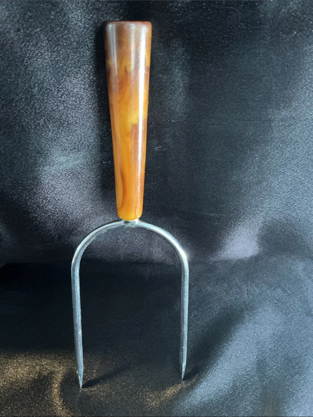 Vintage Stainless Steel Carving Fork with  Butterscotch Marbled Bakelite Handle
